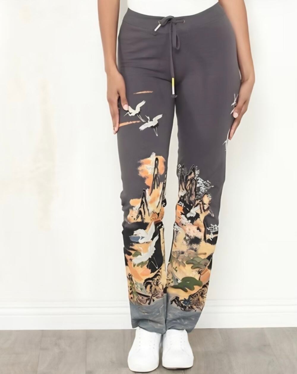 Paparazzi Pull-on Zen Lounge Pants in charcoal landscape print